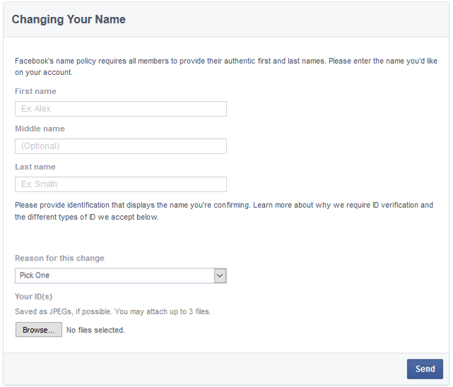 change facebook profile name request form