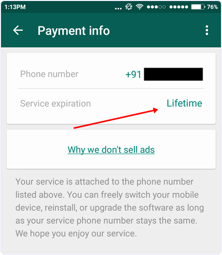 Check whatsapp service lifetime period