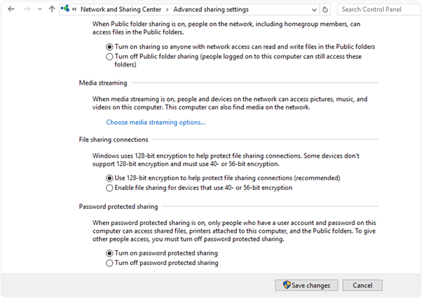 Windows network sharing advances settings