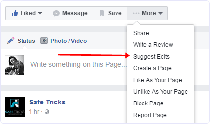 Facebook page suggest edits option